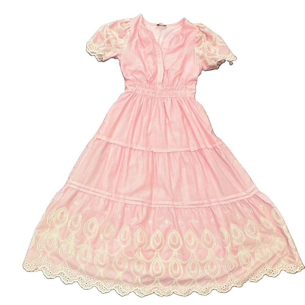 AVARA Pink White Striped Eyelet Embroidered Smocked Dress with Pockets